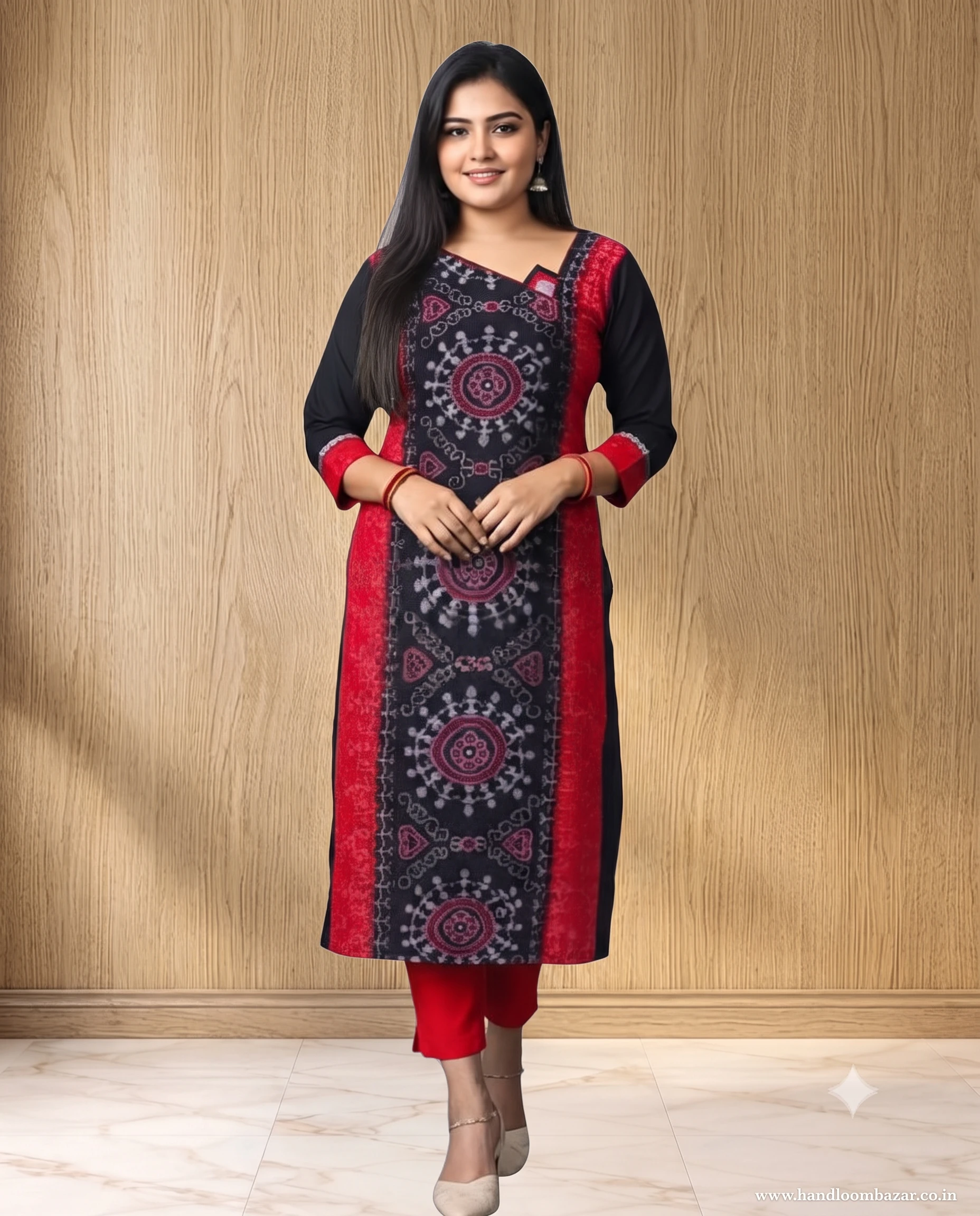 Sambalpuri Black & Red Stitching Kurti | H-10048