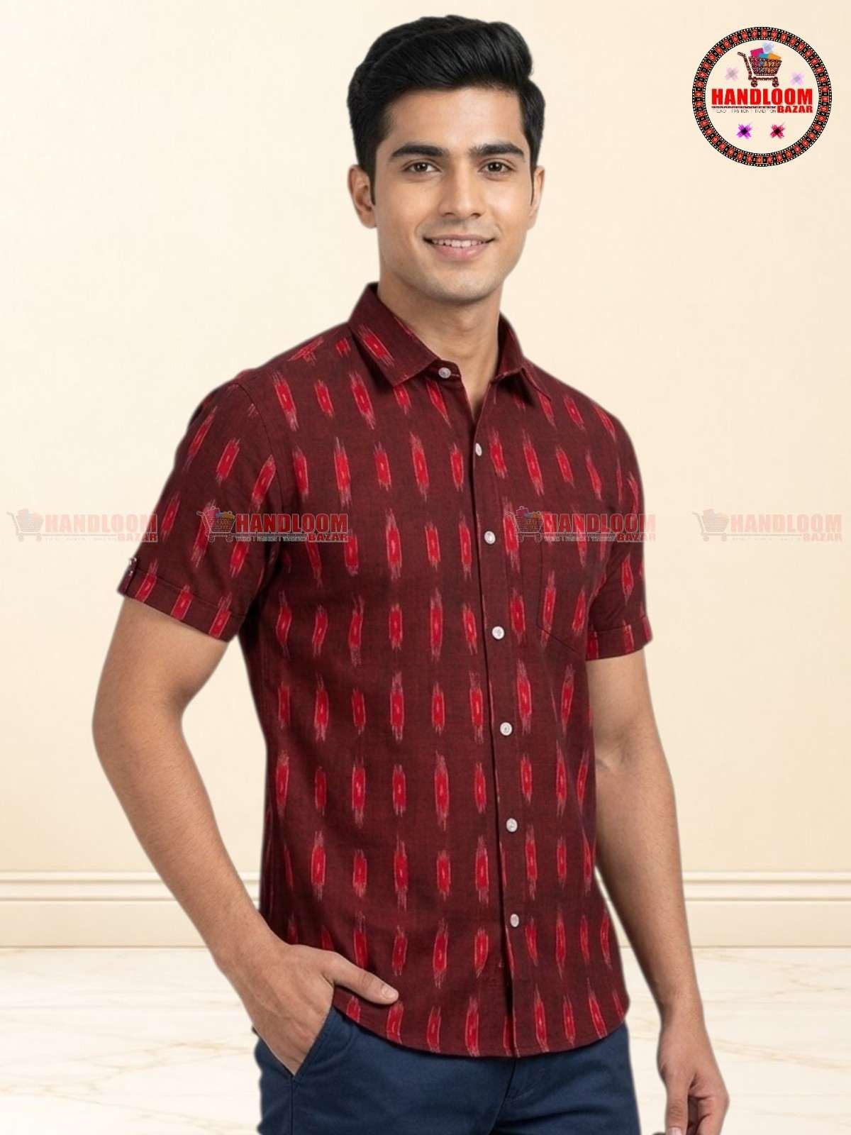 Sambalpuri Premium Cotton Ikat Half-Sleeve Shirt merun colour H-10046