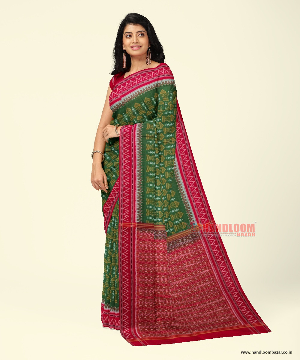 Olive Maroon Sambalpuri Handwoven Single Ikat Cotton Saree SFCSAR2002
