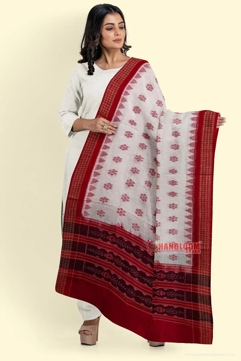 White Red Sambalpuri Handwoven Single Ikat Cotton Dupatta SFCDUP173A