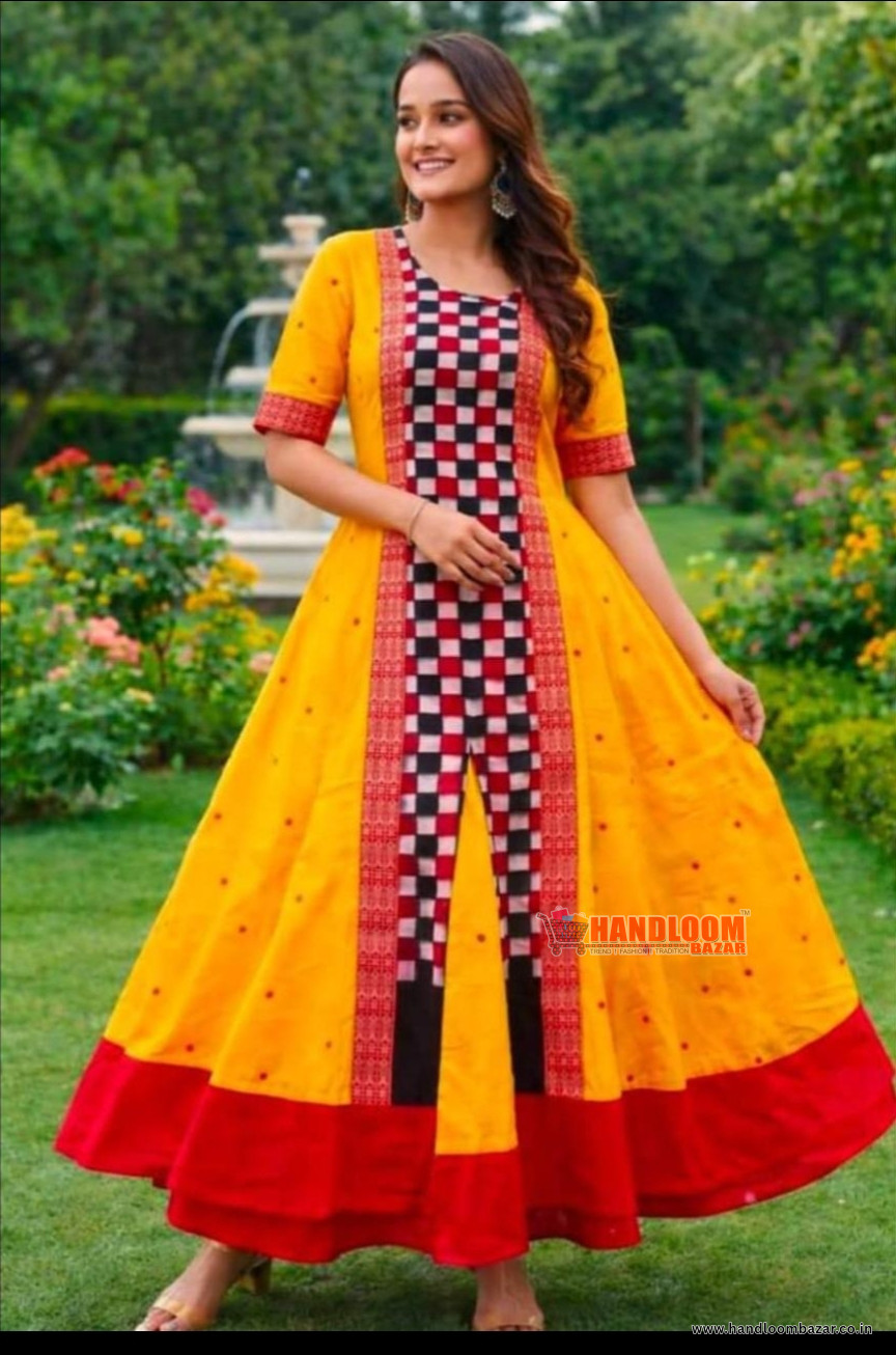 Sambalpuri Round kurti Orange Colour with Red colour border H10066