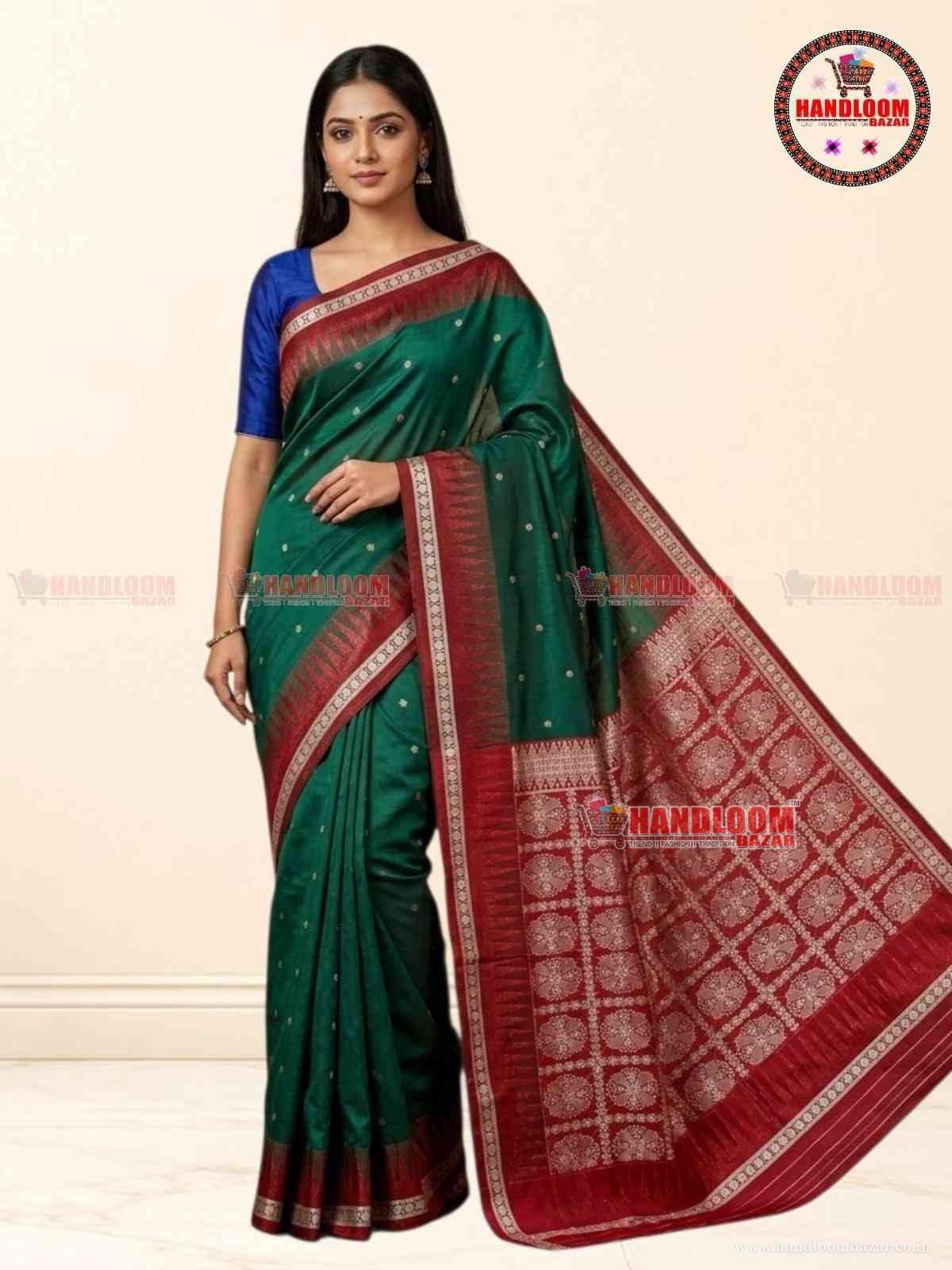Sambalpuri Silk Pata Saree green with merun Border  H-10731