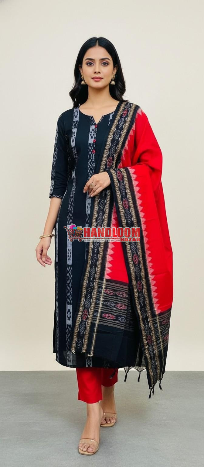 100486 Sambalpuri Handloom Cotton Dress Material with Dupatta (Stitched & Unstitched)