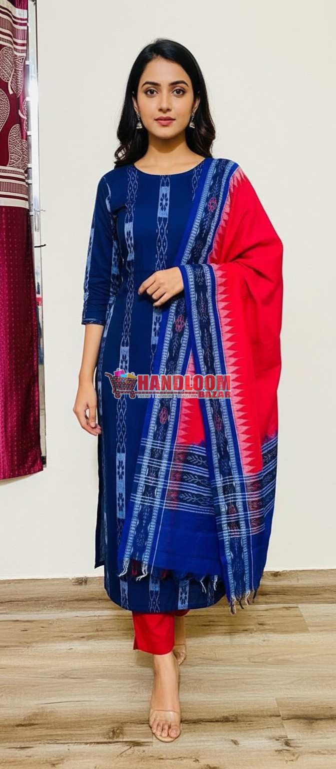 100482 Sambalpuri Handloom Cotton Dress Material with Dupatta (Stitched & Unstitched)