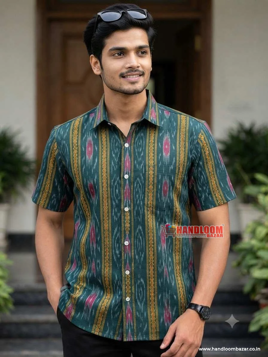Sambalpuri cotton men Half Shirt Dark Green Colour H-10054