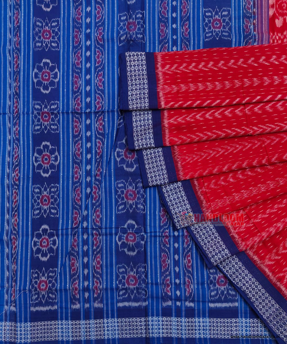 Red Blue Sambalpuri Handwoven Single Ikat Cotton Saree SFCSAR1800