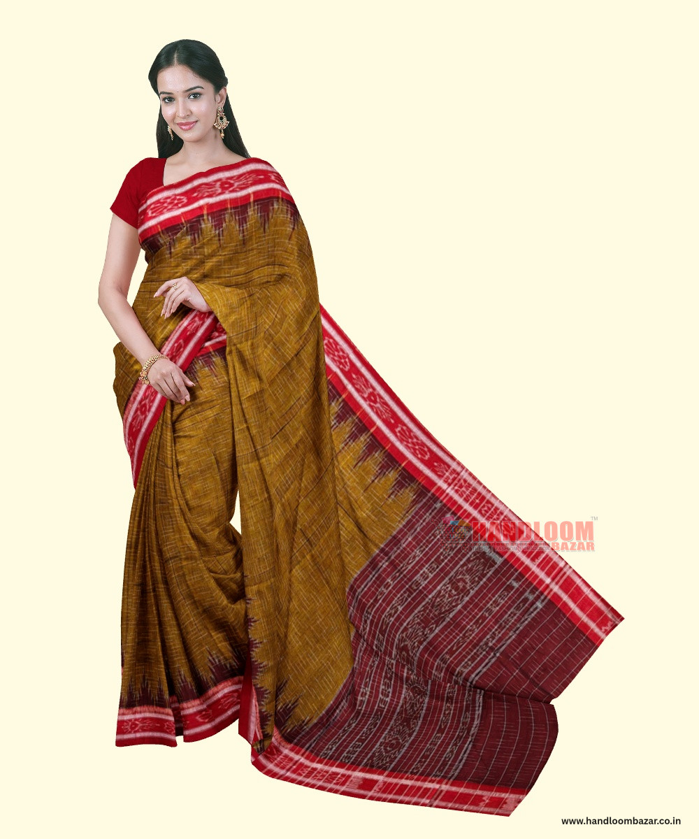 Rust Maroon Sambalpuri Handwoven Single Ikat Cotton Saree SFCSAR2218