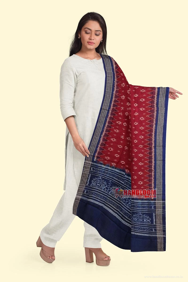 Maroon Blue Sambalpuri Handwoven Single Ikat Cotton Dupatta SFCDUP185A