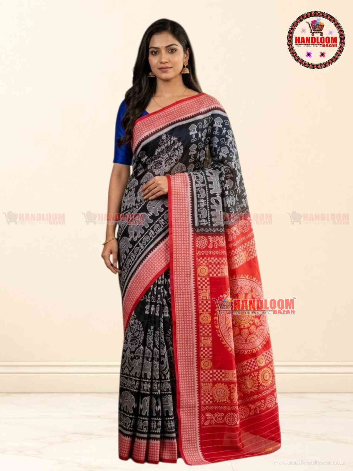 ELEGANT SAMBALPURI SILK SAREE Black colour & Red Border H-100721