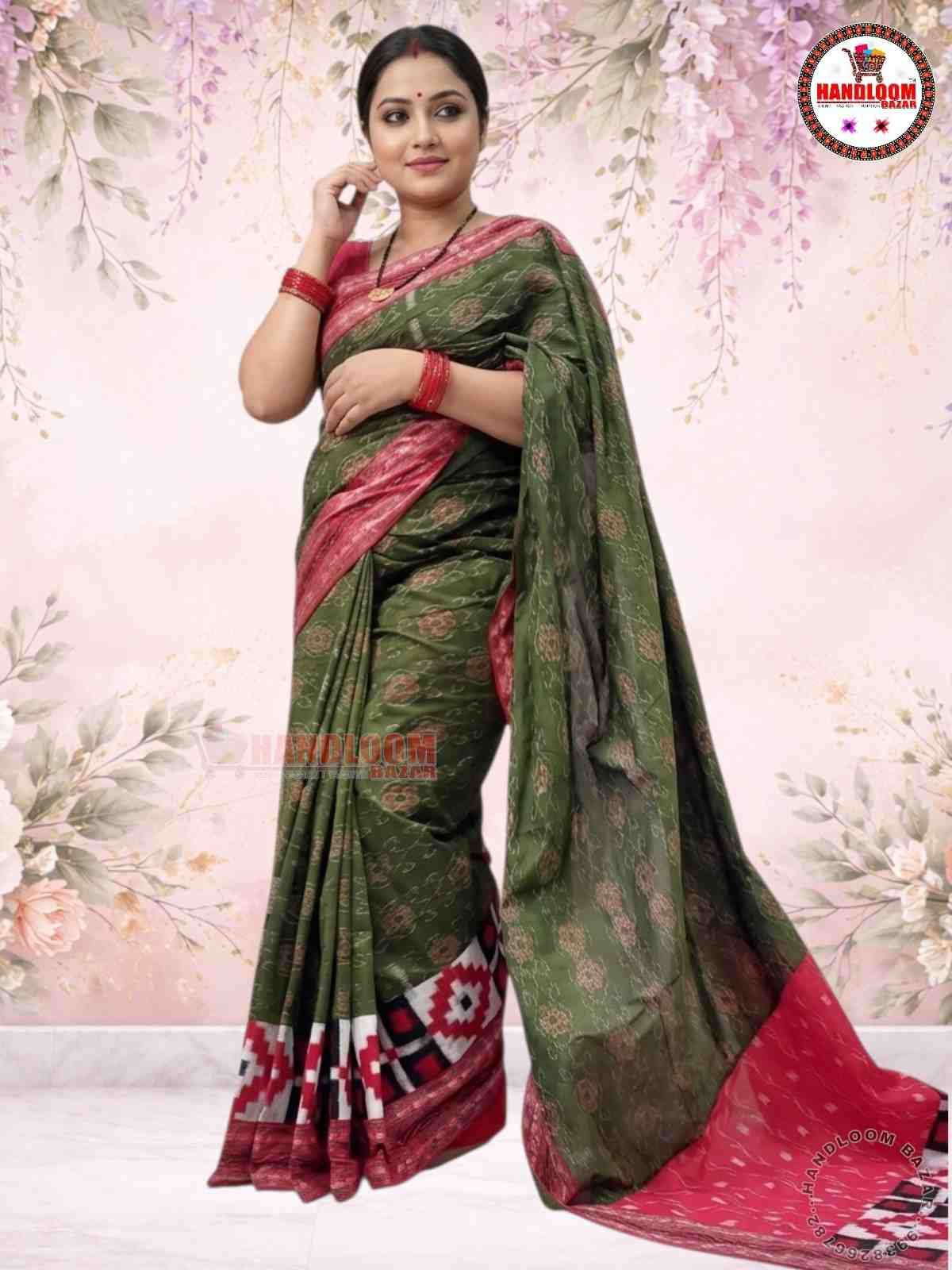 Sambalpuri patchwork saree olive colour with blause pic