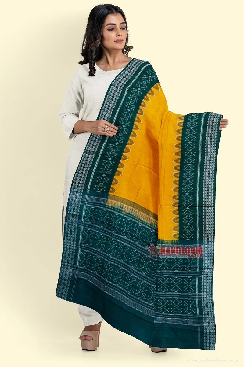 Yellow Green Sambalpuri Handwoven Single Ikat Cotton Dupatta SFCDUP162A