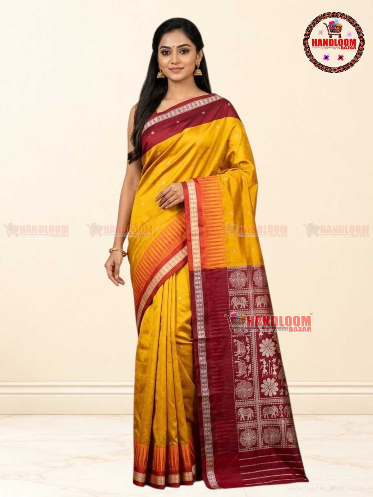 Sambalpuri Silk Pata Saree Yellow with Maroon Border  H-10727