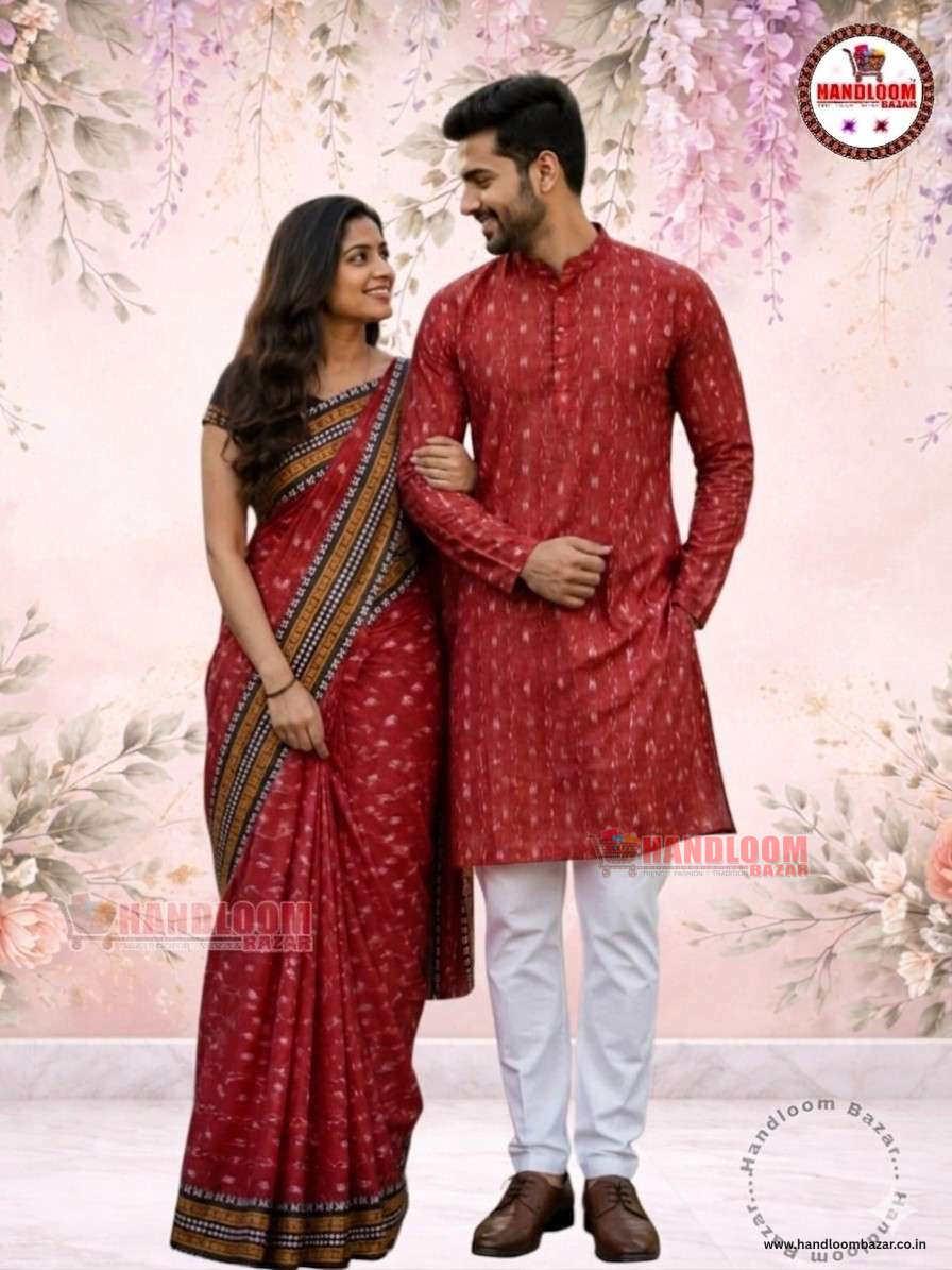 Sambalpuri Handloom matching Couple Dress saree with stitching Dhila Red colour H10052