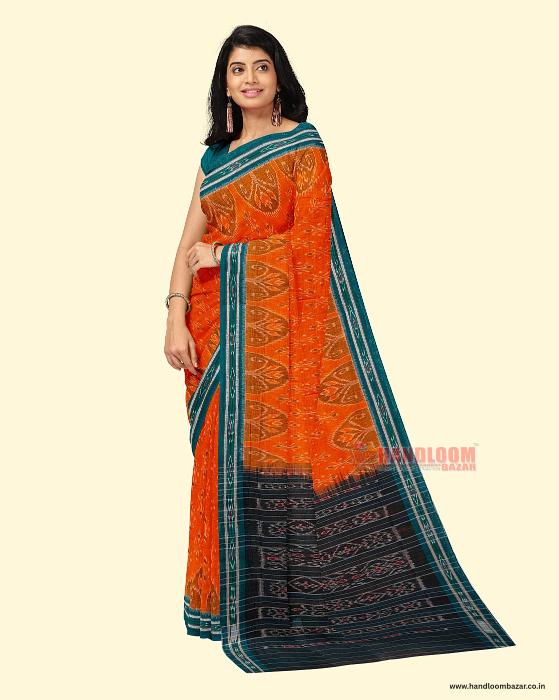 Orange Green Sambalpuri Handwoven Single Ikat Cotton Saree SFCSARAJ84