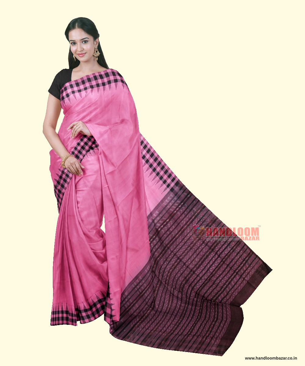 Pink Black Sambalpuri Handwoven Single Ikat Cotton Saree SFCSAR1994