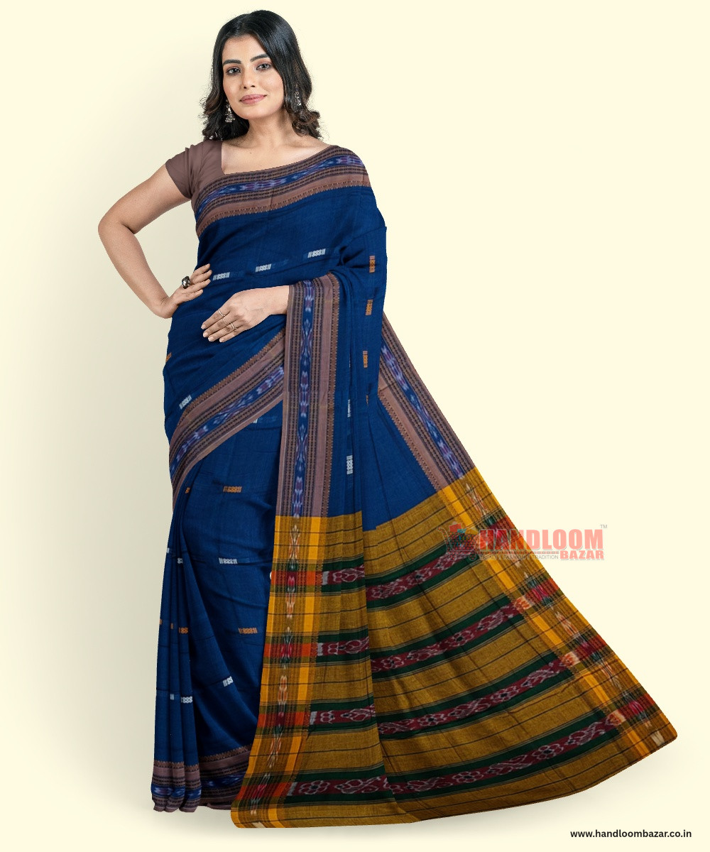 Blue Yellow Sambalpuri Handwoven Single Ikat Cotton Saree SFCSAR2223
