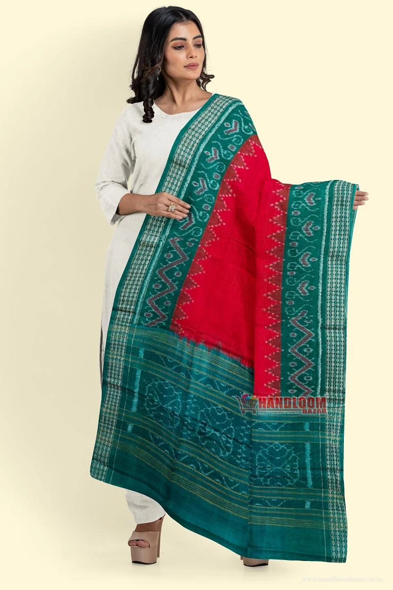 Red Green Sambalpuri Handwoven Single Ikat Cotton Dupatta SFCDUP163A