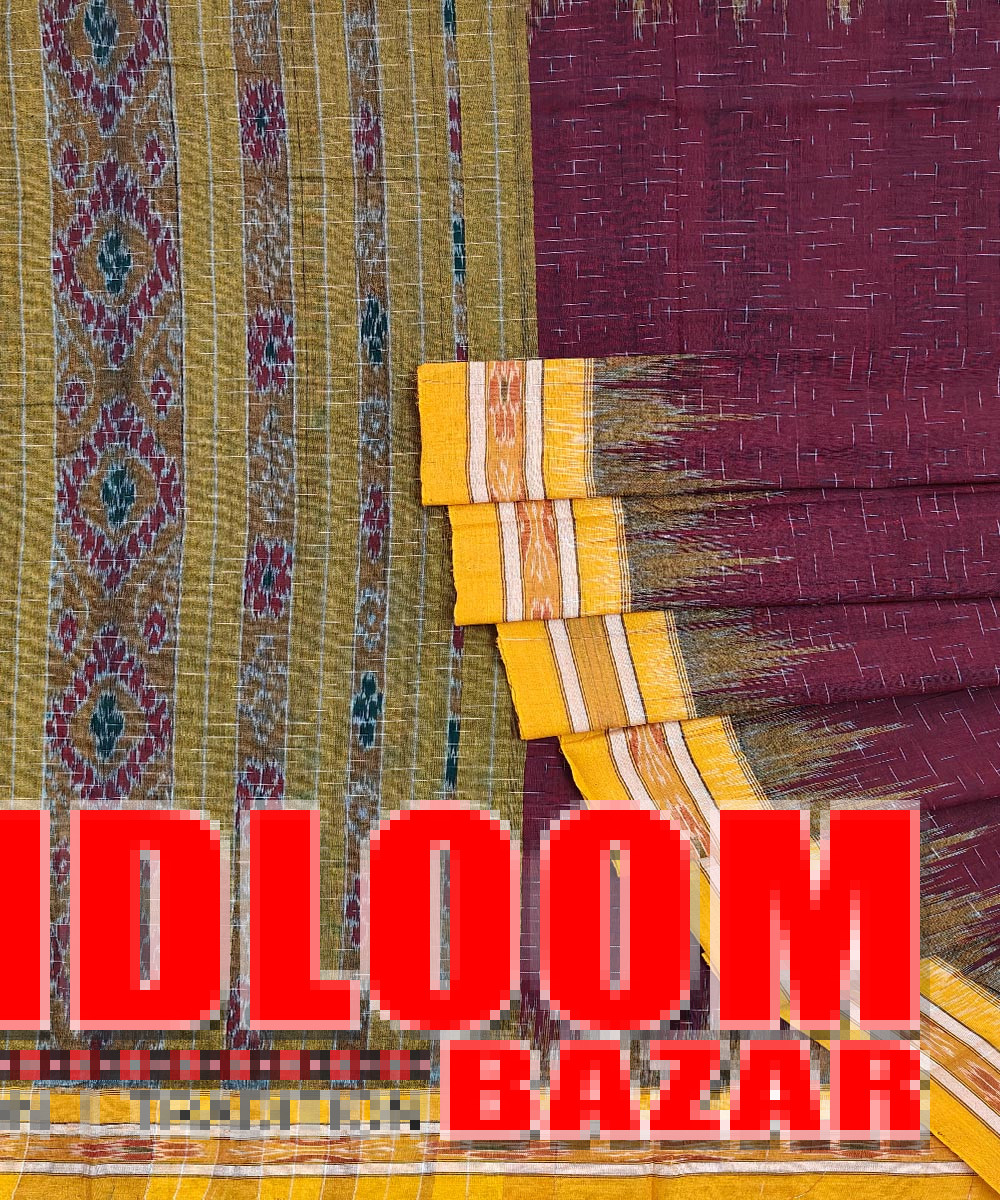 Maroon Yellow Nuapatna Handwoven Single Ikat Cotton Saree SMCSAR1272