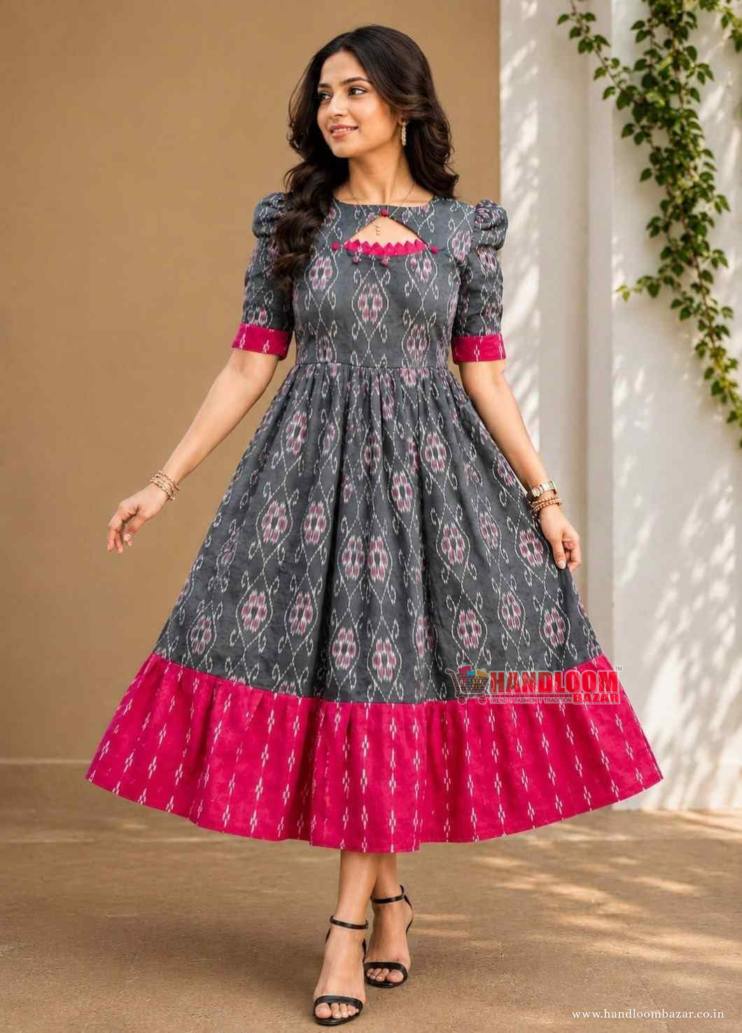 Sambalpuri Handloom Cotton Round Kurti Grey Colour H112242