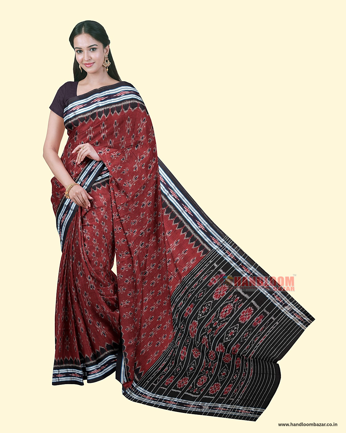 Maroon Black Sambalpuri Handwoven Single Ikat Cotton Saree SFCSARAJ77