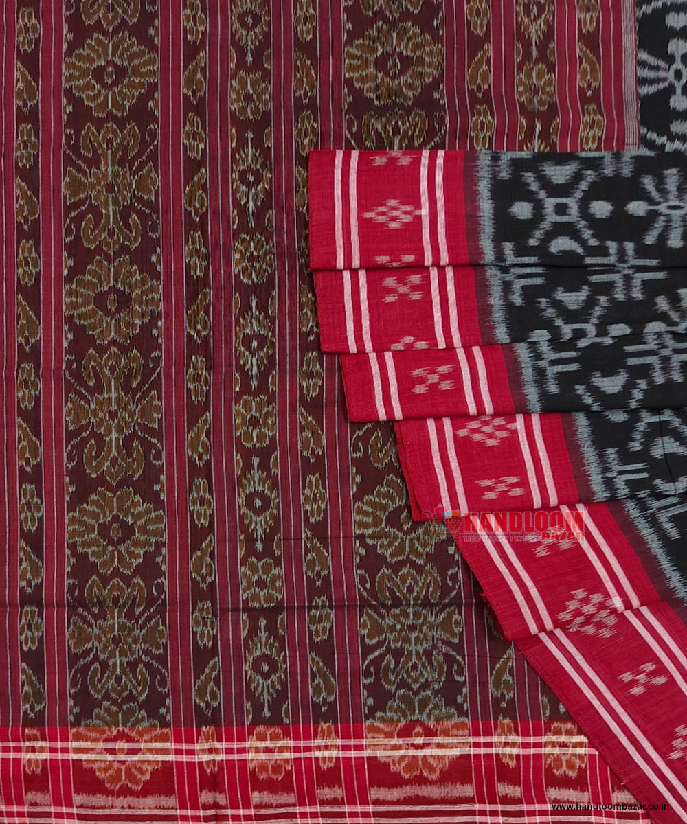 Black Red Sambalpuri Handwoven Single Ikat Cotton Saree SFCSAR1496