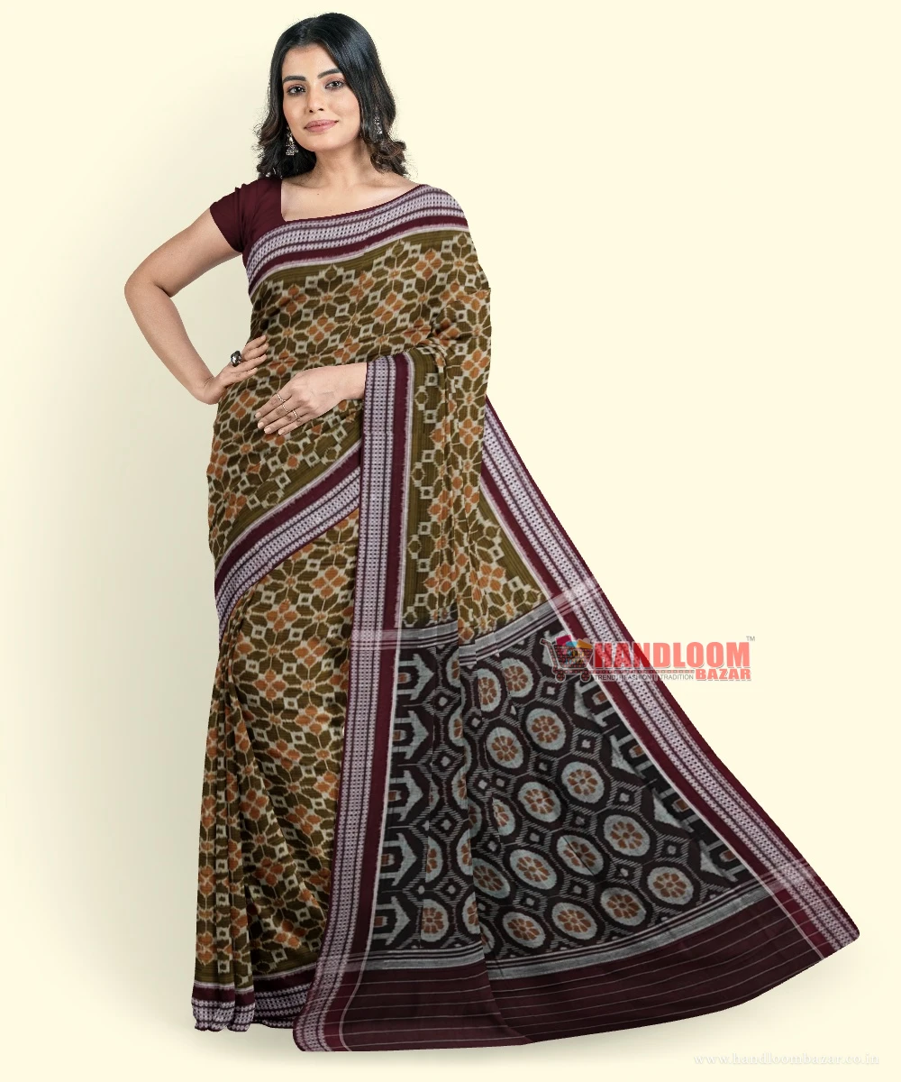 Olive Maroon Sambalpuri Handwoven Single Ikat Cotton Saree SFCSAR2236