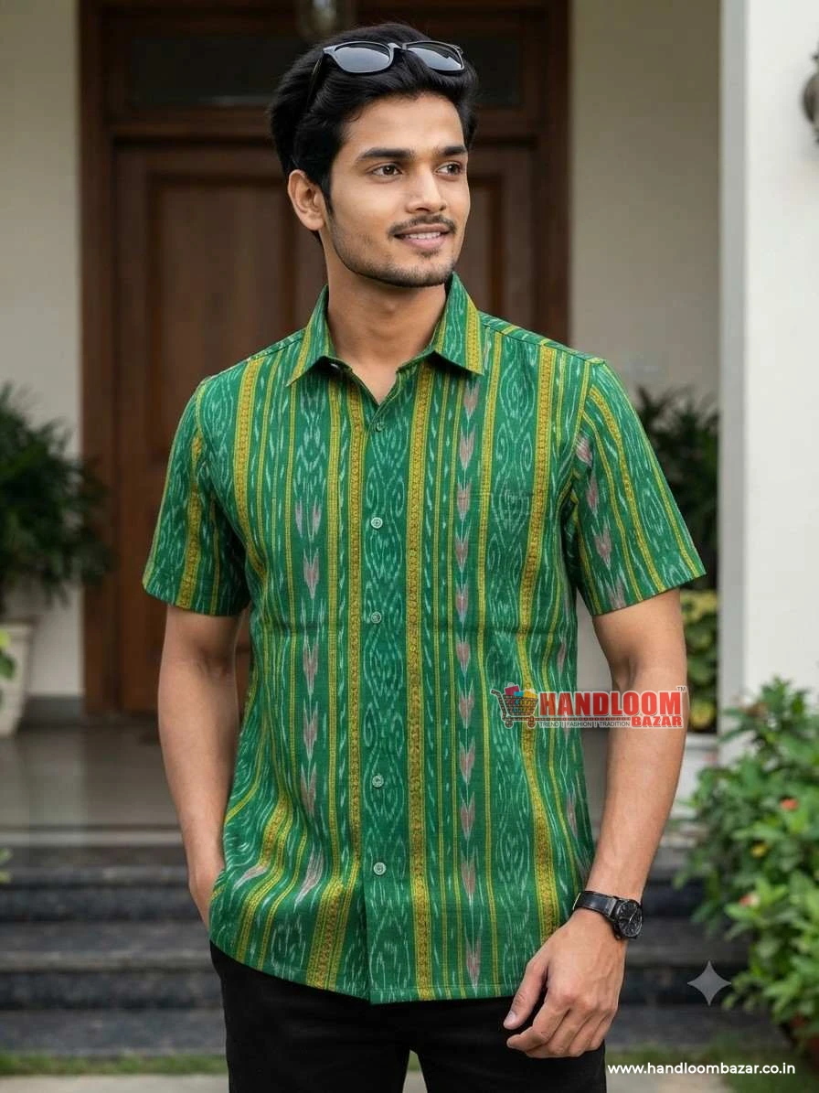 Sambalpuri cotton men Half Shirt Green Colour H-10052