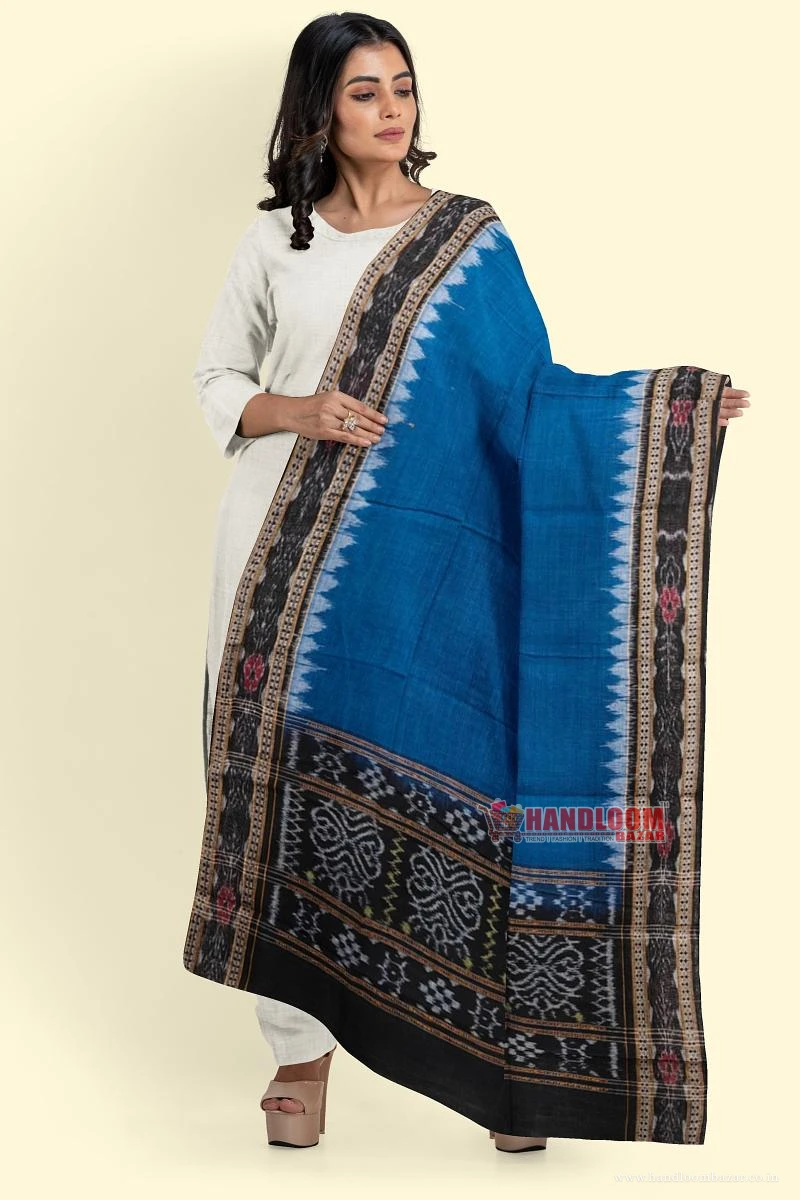Blue Black Sambalpuri Handwoven Single Ikat Cotton Dupatta SFCDUP171A