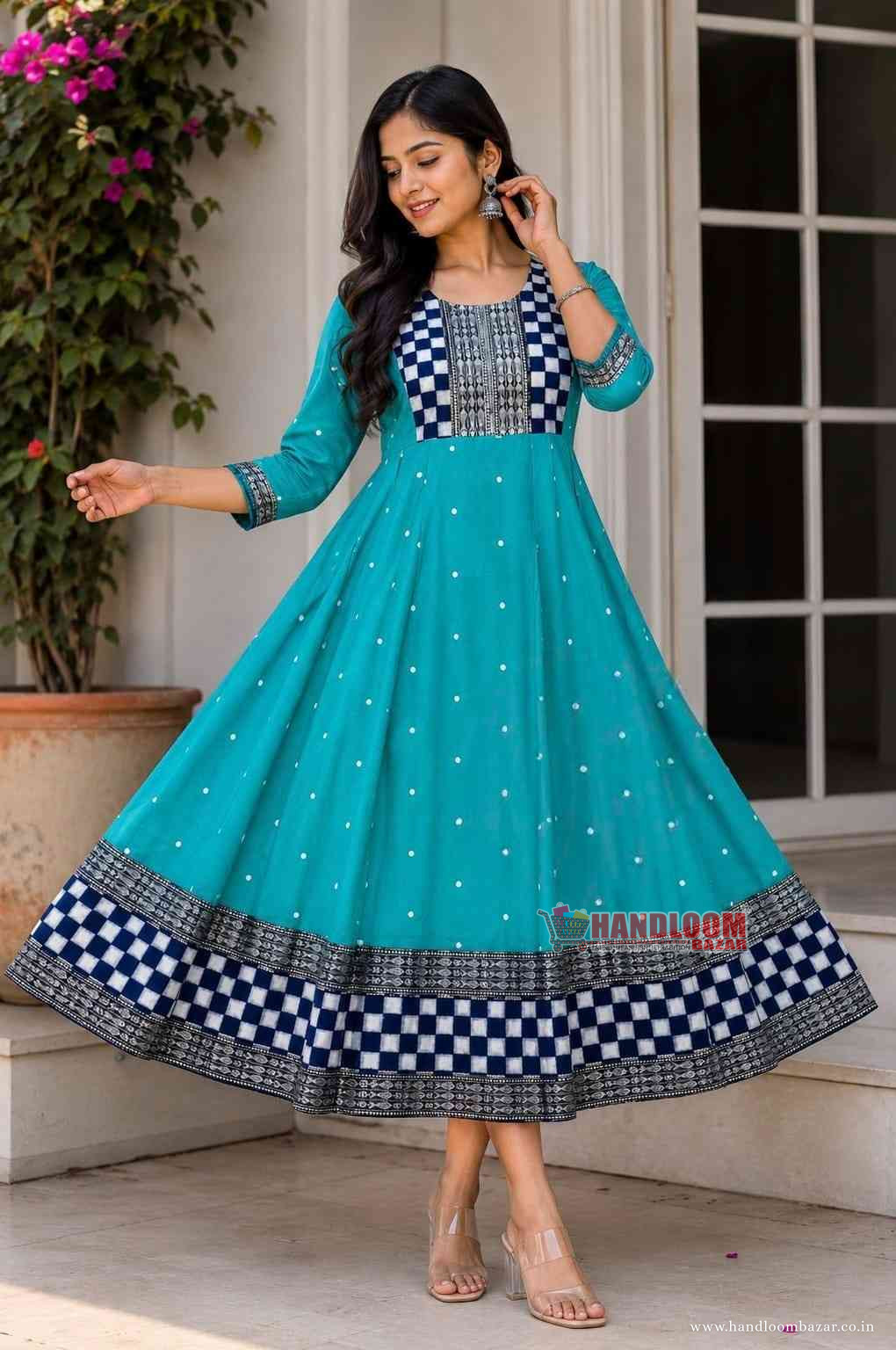 Sambalpuri Handloom Cotton Round Kurti Rama green Colour H112244