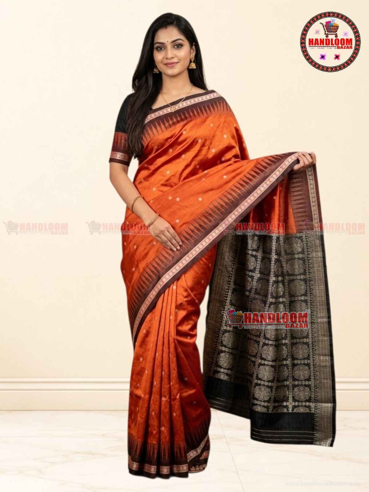Sambalpuri Silk Pata Saree orenge with black Border  H-10733