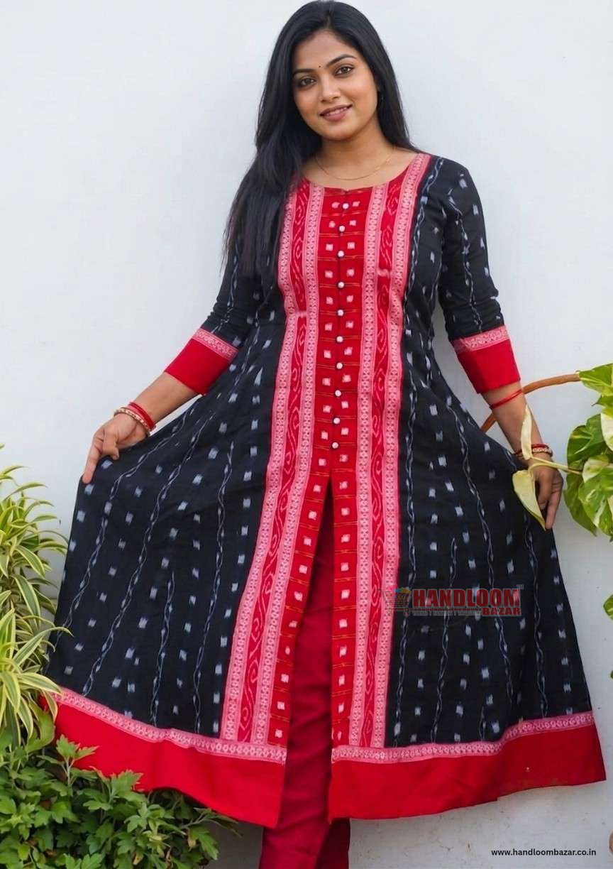 Sambalpuri handloom Cotton Round kurti Black colour with stitching stitching H10032