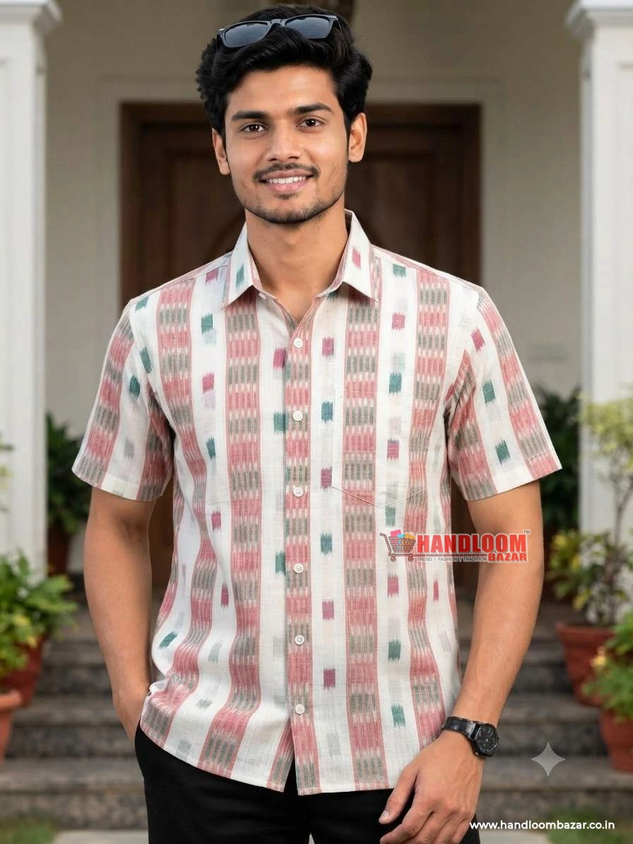 Sambalpuri cotton men Half Shirt white Colour H-10051
