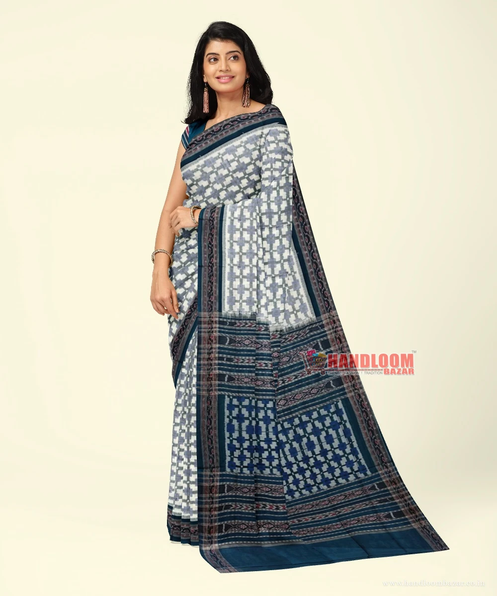 Gray Green Sambalpuri Handwoven Single Ikat Cotton Saree SFCSAR2262