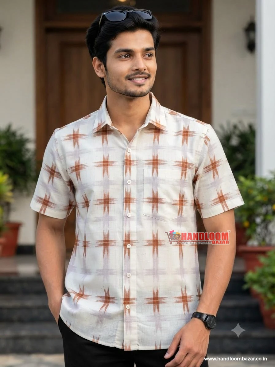 Sambalpuri cotton men Half Shirt white Colour H-10053