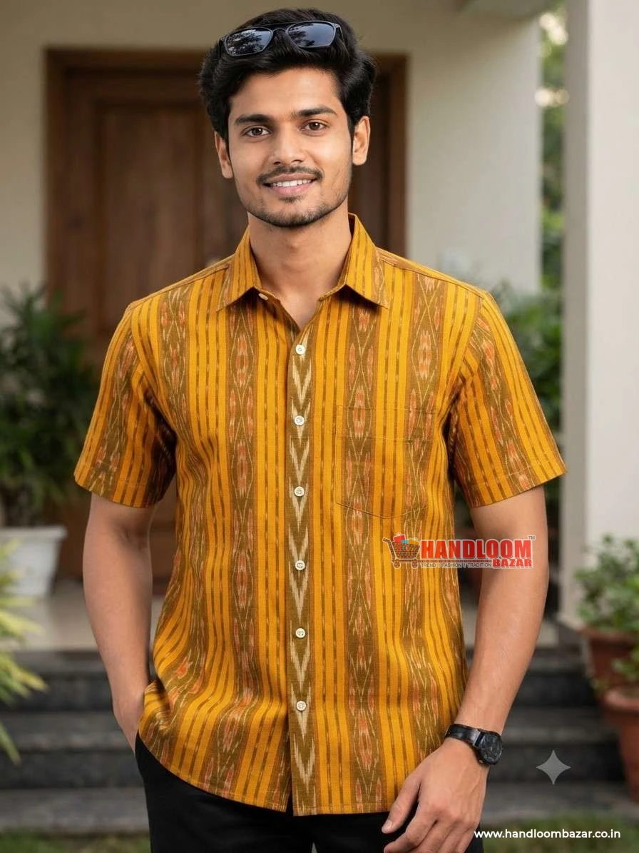 Sambalpuri cotton men Half Shirt yellow Colour H-10058