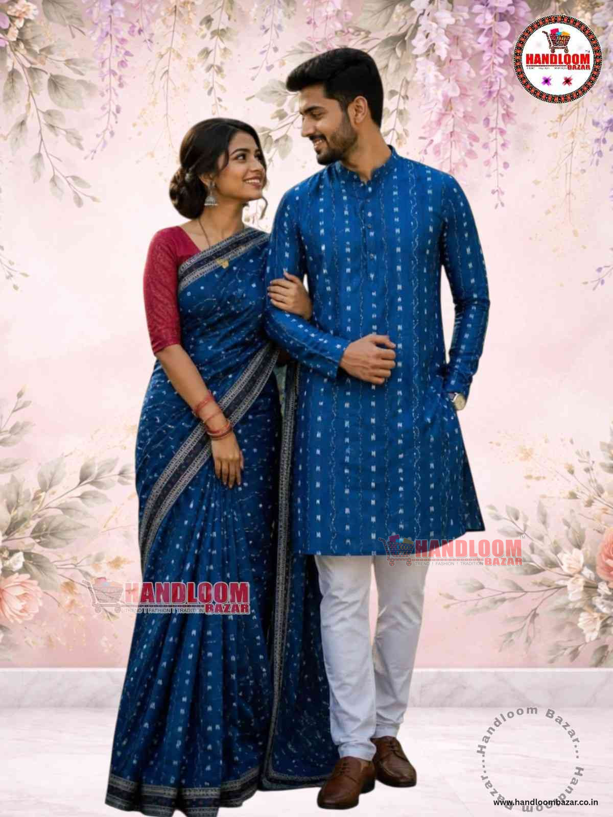 Sambalpuri Handloom matching Couple Dress saree with stitching Dhila blue colour H10053