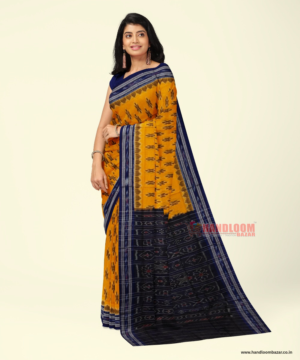 Yellow Black Sambalpuri Handwoven Single Ikat Cotton Saree SFCSAR2207