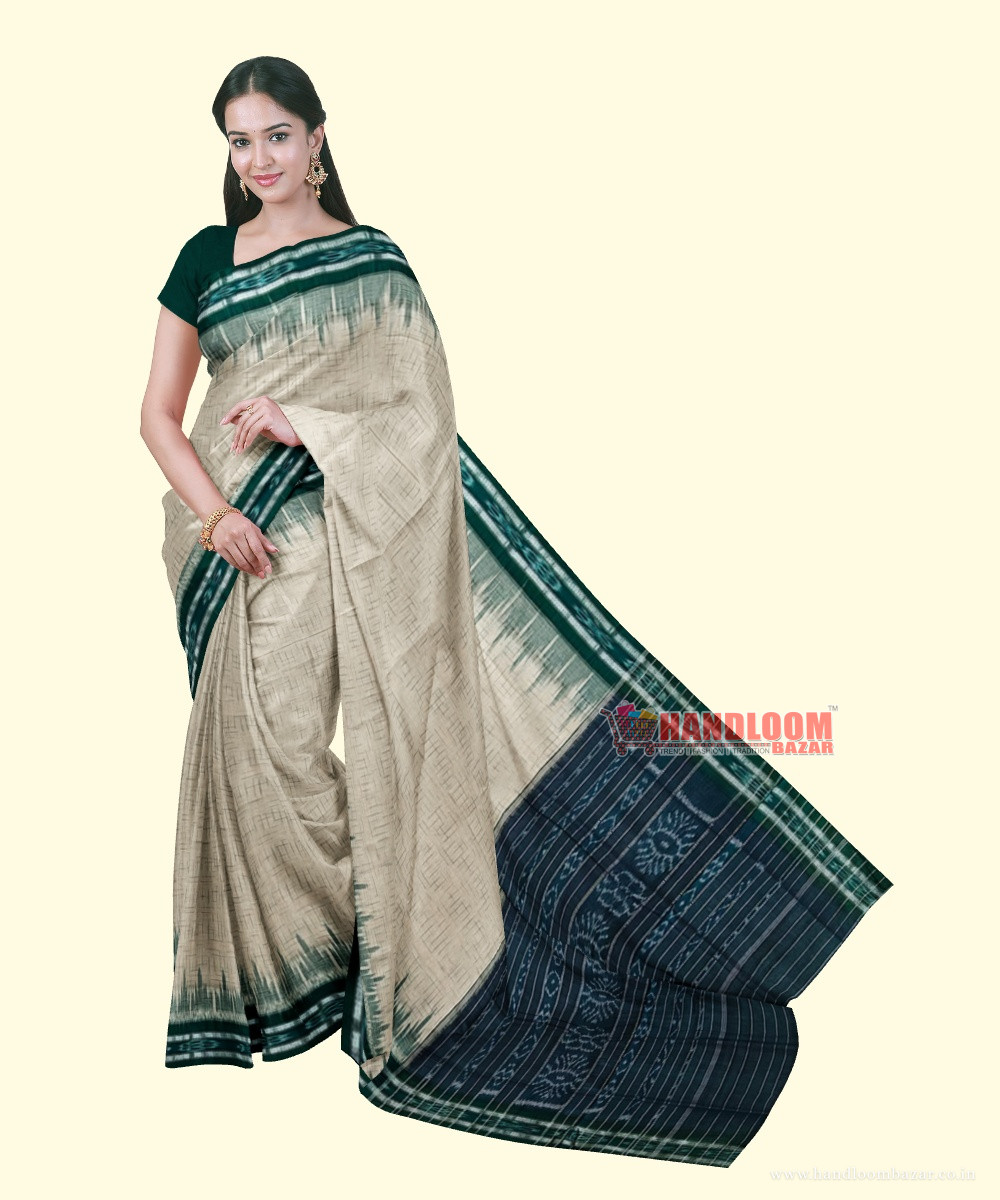 Offwhite Green Sambalpuri Handwoven Single Ikat Cotton Saree SFCSAR2216