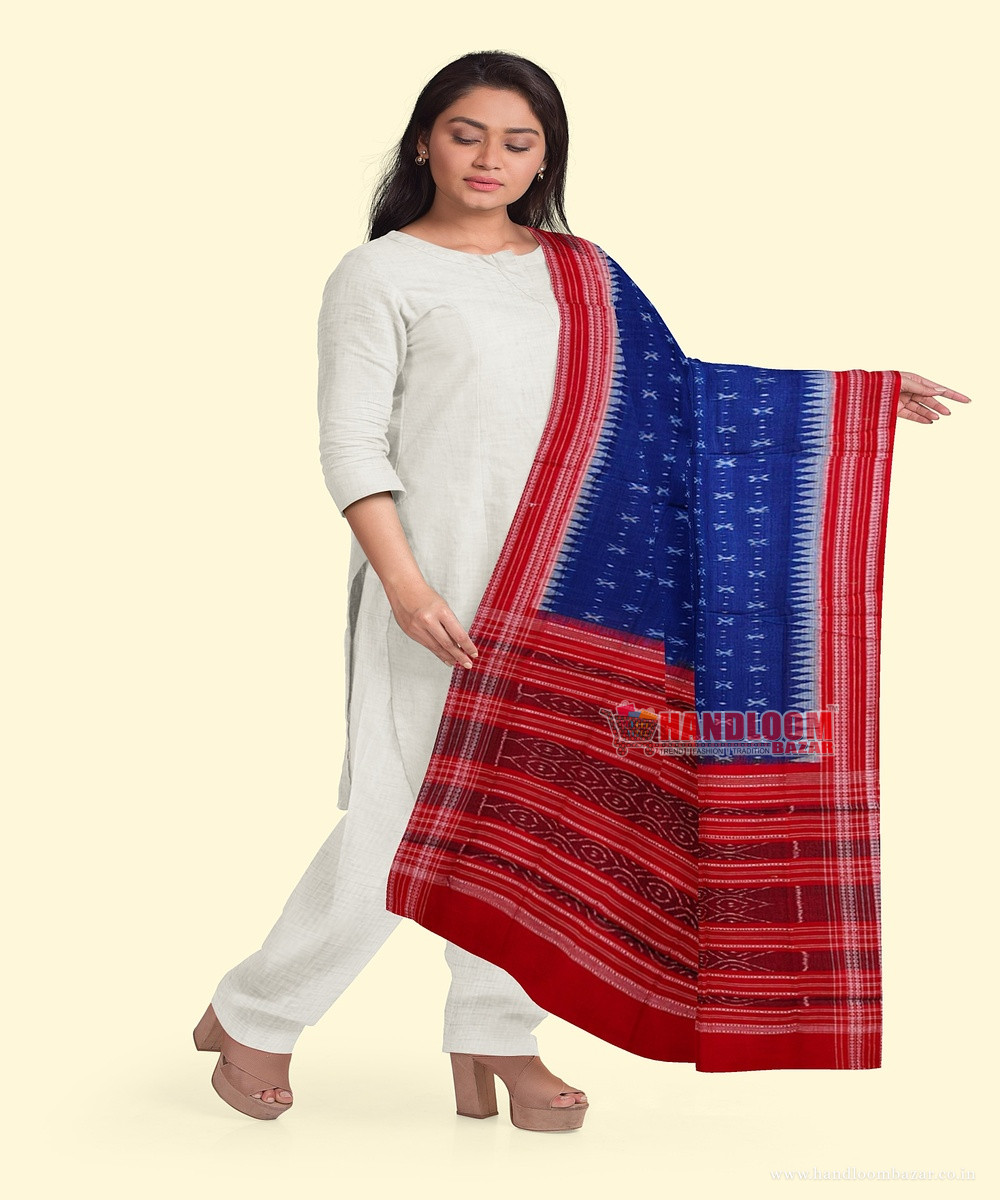 Blue Red Sambalpuri Handwoven Single Ikat Cotton Dupatta SFCDUP190A