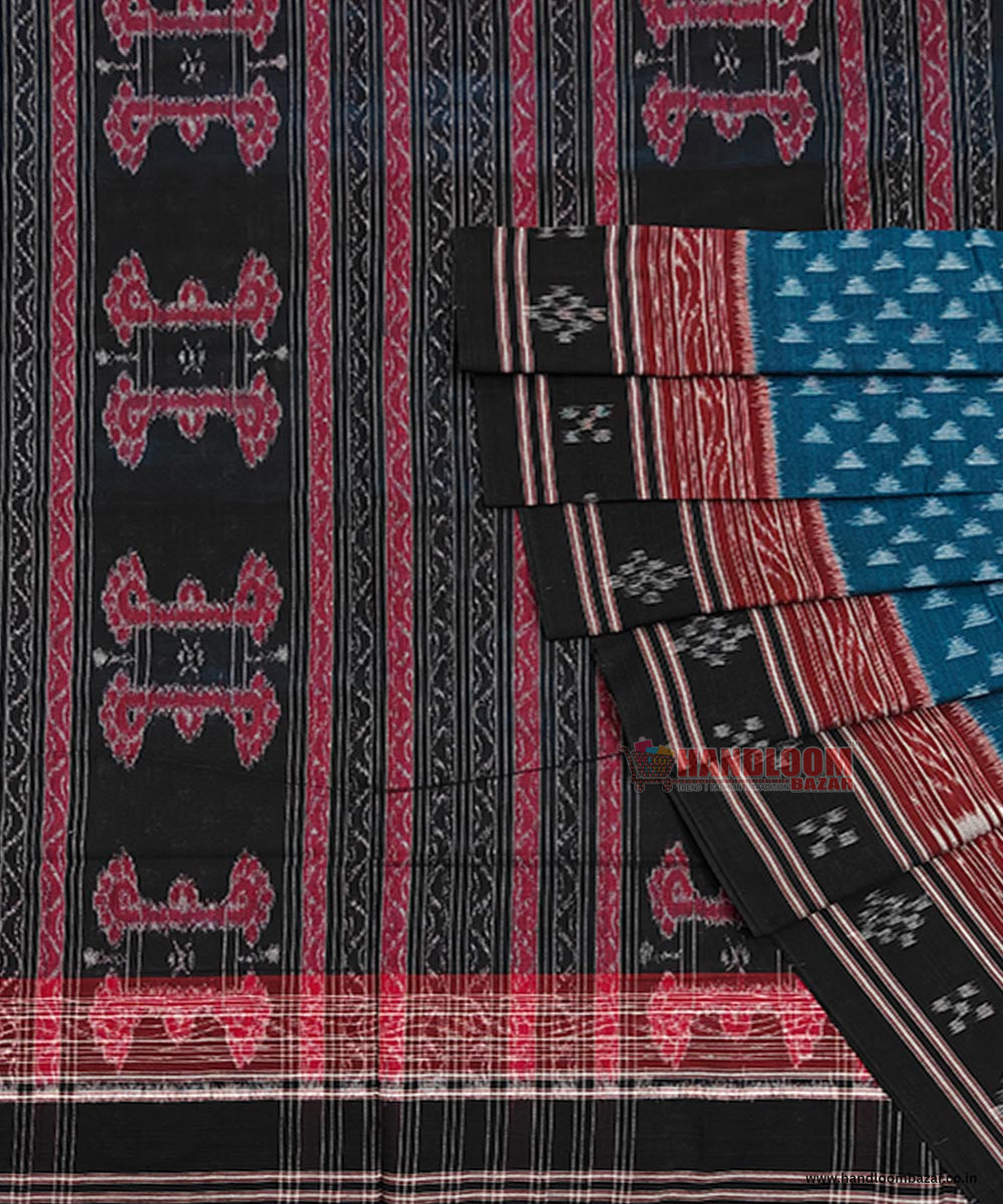 Blue Black Sambalpuri Handwoven Single Ikat Cotton Saree SFCSAR1505