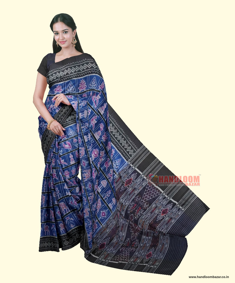 Blue Black Sambalpuri Handwoven Single Ikat Cotton Saree SFCSAR2071