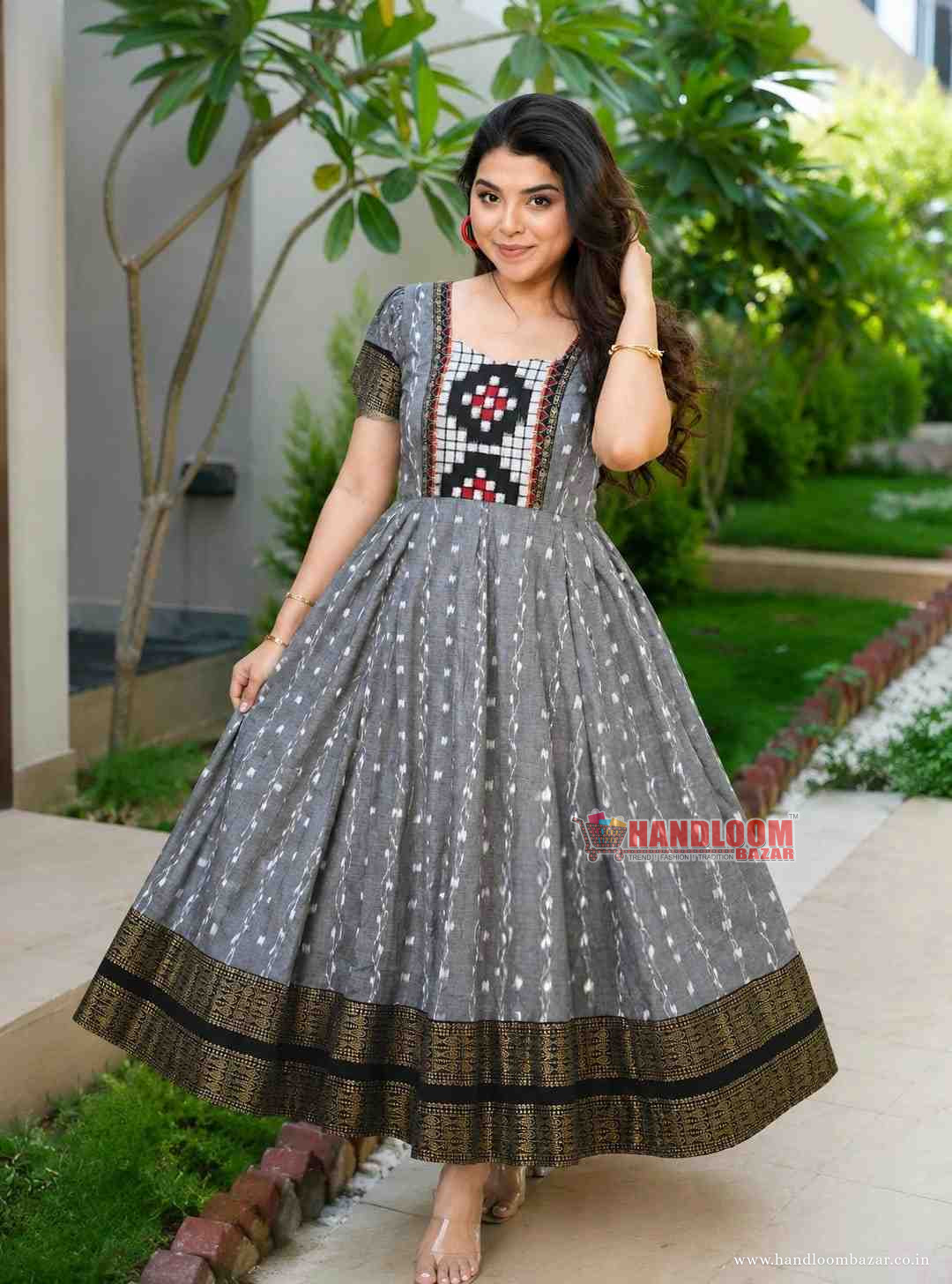 Sambalpuri Handloom Cotton Round Kurti Grey Colour H112241
