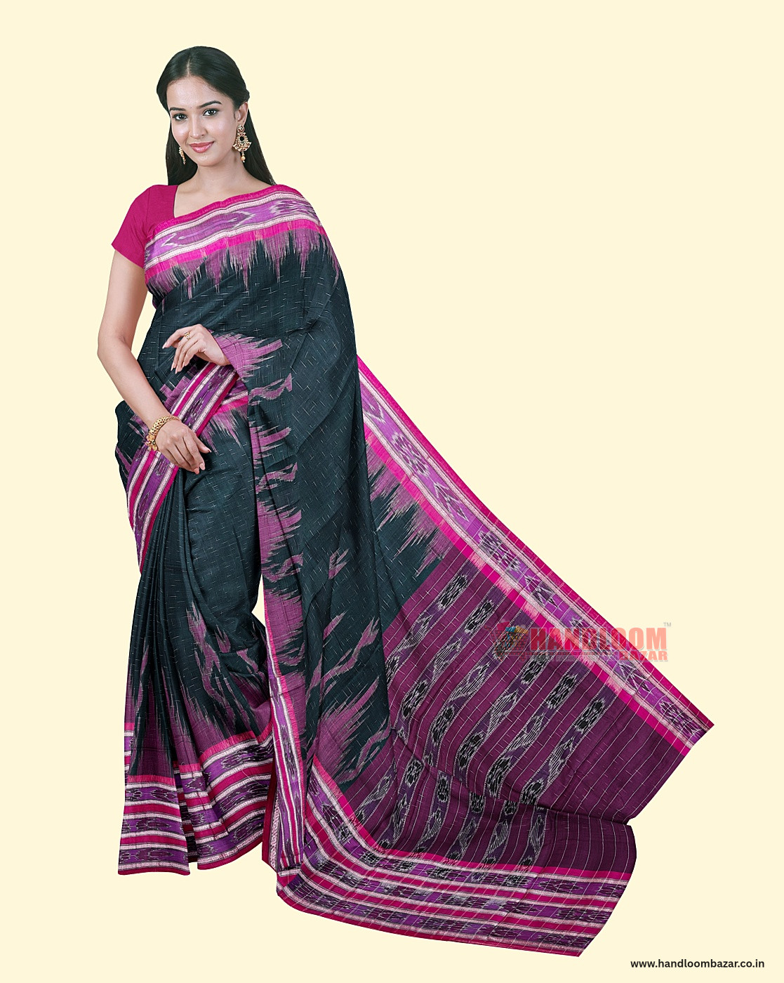 Green Pink Sambalpuri Handwoven Single Ikat Cotton Saree SFCSARAJ1126