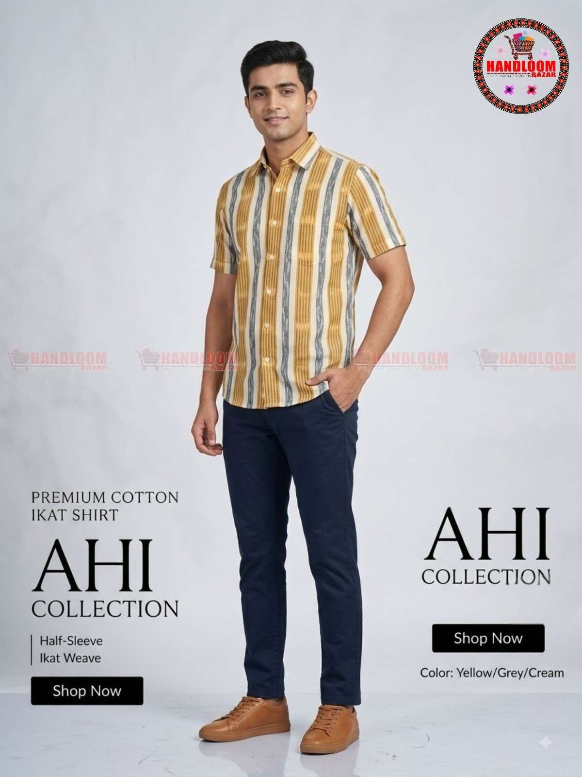 Sambalpuri Premium Cotton Ikat Half-Sleeve Shirt – Yellow/Grey/Cream H-10045