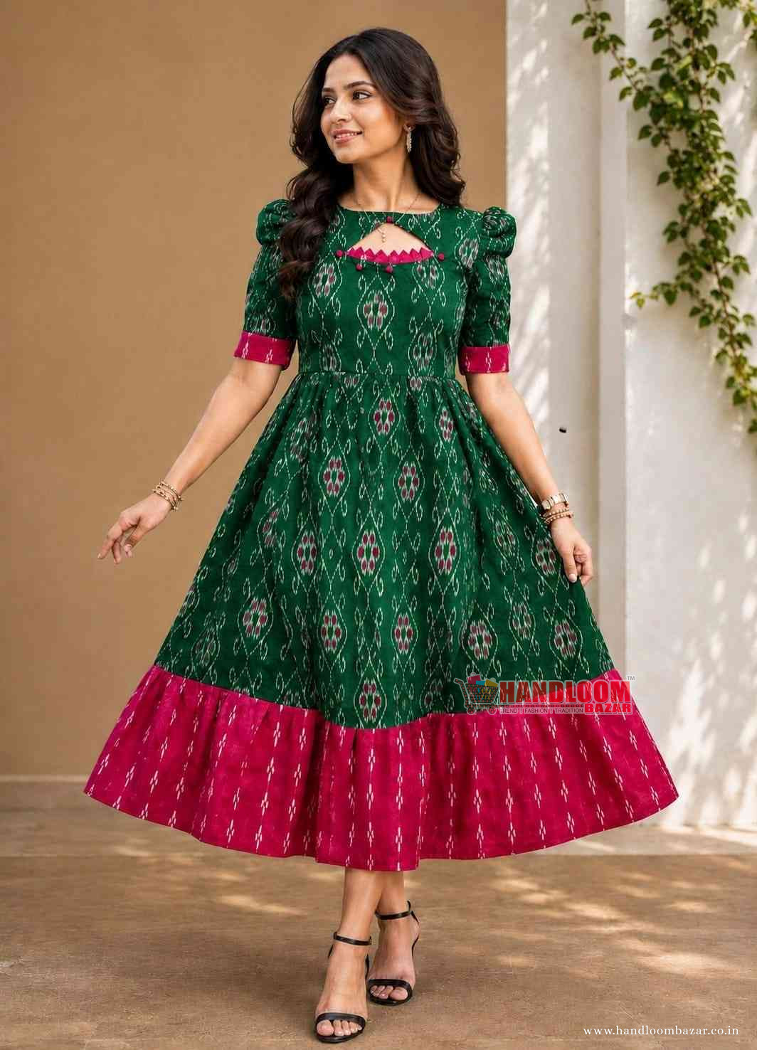 Sambalpuri Handloom Cotton Round Kurti Green Colour H112246