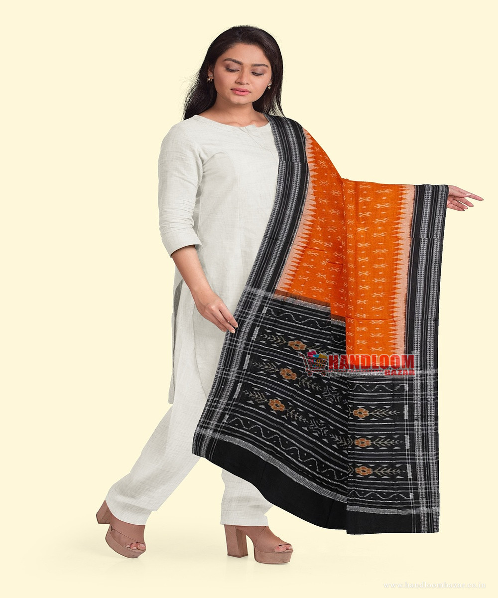 Rust Black Sambalpuri Handwoven Single Ikat Cotton Dupatta SFCDUP186A