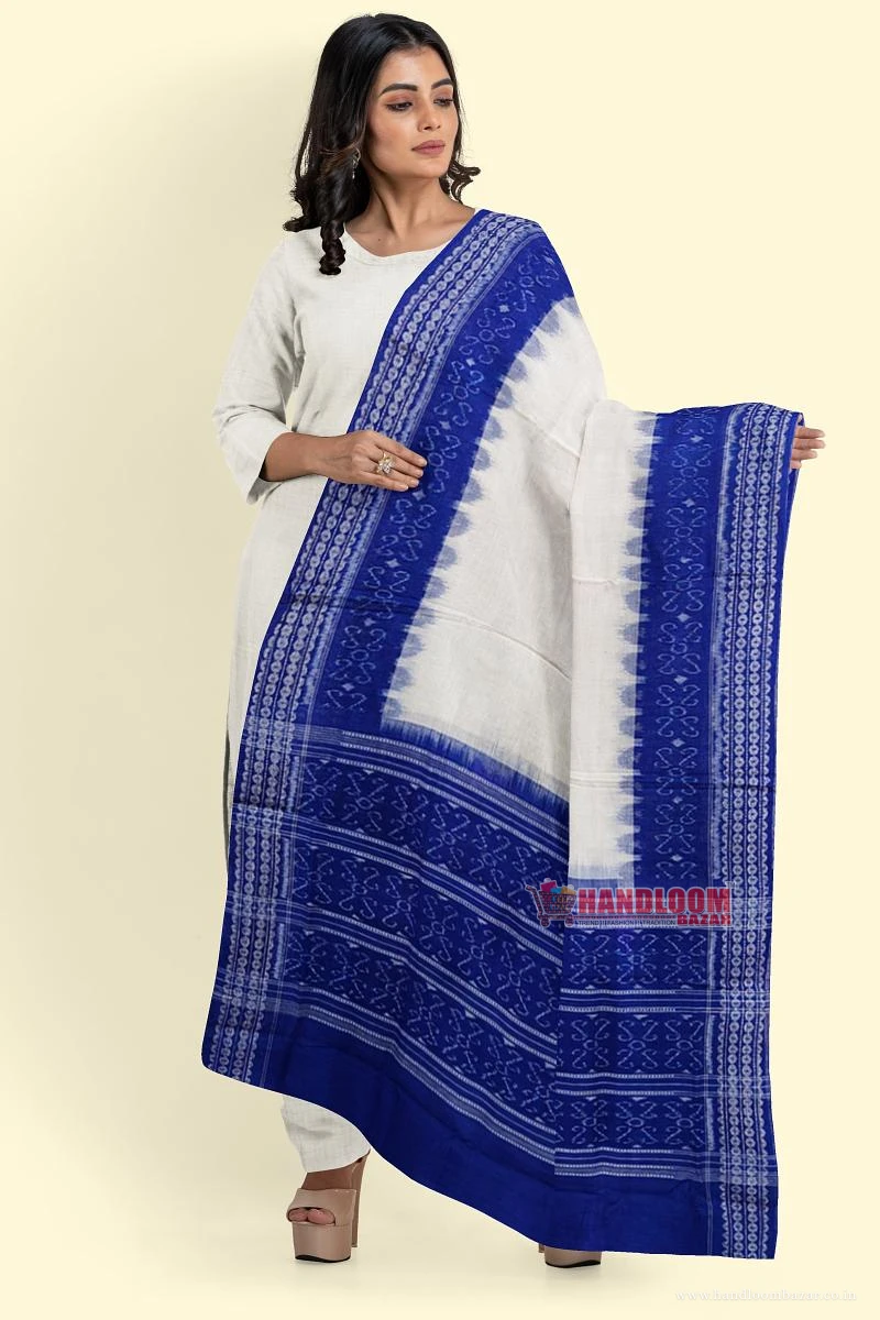 White Blue Sambalpuri Handwoven Single Ikat Cotton Dupatta SFCDUP157A