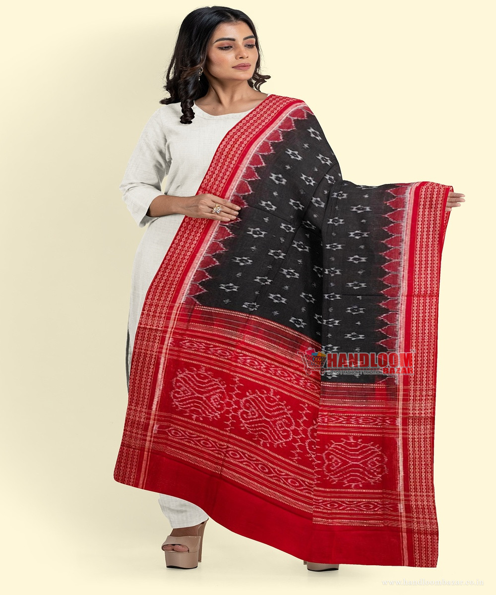Black Red Sambalpuri Handwoven Single Ikat Cotton Dupatta SFCDUP180A
