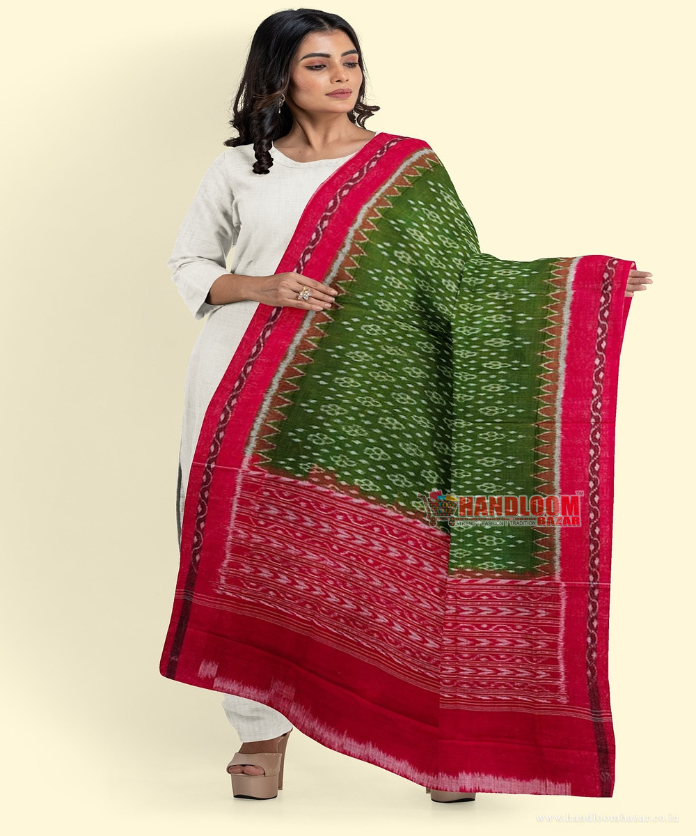 Olive Maroon Sambalpuri Handwoven Single Ikat Cotton Dupatta SFCDUP201A