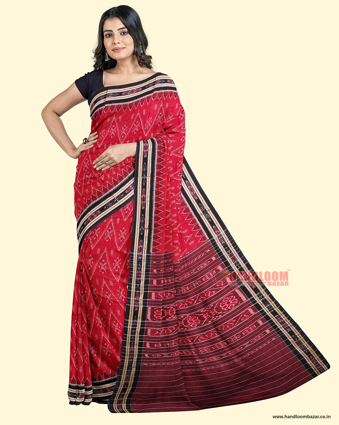 Red Black Sambalpuri Handwoven Single Ikat Cotton Saree SFCSARAJ79